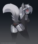  2022 anthro breasts canid canine clothed clothing digital_media_(artwork) ear_piercing ear_ring eyebrows eyelashes female fur grey_body grey_fur grey_hair hair hi_res loona mammal piercing piranha_fish red_eyes ring_piercing simple_background solo 