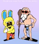  animal_crossing anthro bald blush bodily_fluids bulge clothed clothing duo eyewear facial_hair gaston_(animal_crossing) genitals hi_res human long_beard male male/male mammal master_roshi mature_male mustache naughtybassard nervous nintendo nipples penis pubes sunglasses sweat topless underwear video_games 