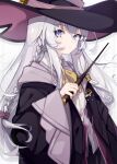  1girl braid captain_yue coat elaina_(majo_no_tabitabi) eyebrows_hidden_by_hair french_braid hat highres holding holding_wand light_purple_hair long_hair majo_no_tabitabi pentagram_pendant purple_eyes solo wand white_background witch witch_hat 
