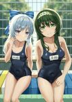  2girls amerika_juu_pan blue_bow blue_eyes blue_hair blue_swimsuit blurry blurry_background bow breasts brick_wall chain-link_fence chunithm commission covered_navel depth_of_field fence green_eyes green_hair hair_bow hairband highres irodorimidori kobotoke_nagi long_hair looking_at_viewer medium_breasts multiple_girls name_tag old_school_swimsuit one-piece_swimsuit parted_lips pool poolside school_swimsuit shiny shiny_clothes sitting skeb_commission small_breasts smile soaking_feet swimsuit tsukisuzu_shirona wet 