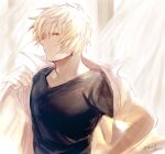  1boy albert_(shingeki_no_bahamut) bangs blonde_hair brown_eyes closed_mouth curtains dated granblue_fantasy looking_at_viewer male_focus nuu_(liebe_sk) open_clothes open_shirt shirt short_hair solo t-shirt upper_body white_shirt 