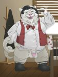 2022 anthro balls belly big_belly bluewhale127 bow_tie clothing detailed_background domestic_cat facial_hair felid feline felis flaccid genitals hi_res humanoid_genitalia humanoid_hands humanoid_penis inside kemono male mammal mature_male mustache overweight overweight_male penis pink_nose pubes shirt solo topwear white_body 