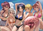  5girls arm_up armpits bikini bikini_skirt blonde_hair blue_sky blush breasts cleavage collage collarbone dark_blue_hair floral_print grey_hair hayami_kanade highres ice_cream_bar ichinose_shiki idolmaster idolmaster_cinderella_girls innertube jougasaki_mika kamoromance614 lipps_(idolmaster) looking_at_viewer medium_breasts miyamoto_frederica multi-strapped_bikini multiple_girls navel o-ring o-ring_bikini outdoors pink_hair polka_dot polka_dot_bikini print_bikini purple_hair shiomi_syuko sky smile striped striped_bikini swimsuit w 