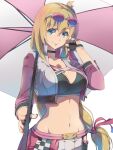  1girl agnes_claudel blonde_hair blue_eyes breasts chiharu_(9654784) cleavage_cutout clothing_cutout eiyuu_densetsu eyewear_on_head hair_ribbon highres holding jacket kuro_no_kiseki large_breasts long_hair looking_at_viewer ponytail race_queen ribbon simple_background smile solo stomach sunglasses white_background 