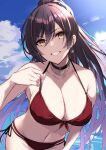  1girl absurdres aosaki_yukina bangs bare_shoulders bikini black_hair breasts choker cleavage collarbone grin hair_between_eyes high_ponytail highres idolmaster idolmaster_shiny_colors large_breasts long_hair looking_at_viewer navel ponytail red_bikini shirase_sakuya smile solo swimsuit yellow_eyes 