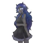  1girl bangs black_skin blue_eyes breasts child_of_the_galaxy cleavage colored_skin crying dress frown holding_own_arm huyusaki_taiga large_breasts layered_dress lobotomy_corporation long_hair messy_hair personification project_moon purple_hair side_slit sideboob sleeveless sleeveless_dress solo 