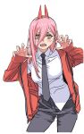  1girl black_necktie blush chainsaw_man claw_pose hair_between_eyes highres horns jacket long_hair looking_at_viewer necktie open_clothes open_jacket pink_hair power_(chainsaw_man) red_horns red_jacket shiren_(ourboy83) simple_background sleeves_past_wrists solo symbol-shaped_pupils white_background yellow_eyes 