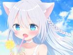  1girl :d animal_ear_fluff animal_ears bangs blue_eyes blush braid cat_ears cat_girl choker cup drinking_straw fang food fruit highres holding holding_cup lemon lemon_slice lemonade long_hair looking_at_viewer nail_polish nekomura_yuyuko open_mouth original sleeveless smile solo white_hair 