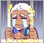  1boy artist_request bara blush chest_tattoo cross_scar crying dark-skinned_male dark_skin eyebrow_cut headphones headphones_around_neck indie_virtual_youtuber large_pectorals laurel_crown lei_bailin lowres male_focus mature_male muscular muscular_male nude pectorals prison_cell scar scar_on_chest scar_on_face scar_on_forehead scar_on_nose second-party_source short_hair sideburns solo tattoo tears thick_eyebrows upper_body virtual_youtuber white_hair 