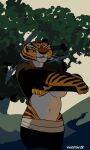  breasts clothing dreamworks felid female hi_res kung_fu_panda mammal master_tigress micemousse outside pantherine plant solo striped_body stripes tiger tree under_boob undressing 