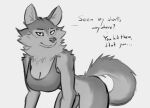  ... 2022 anthro bent_over black_text bottomless bra breasts canid canine canis cheek_tuft cleavage clothed clothing dialogue digital_media_(artwork) ear_tuft english_text eyebrows eyelashes facial_tuft female grey_background greyscale hi_res inner_ear_fluff looking_at_viewer mammal monochrome partially_colored protasia question_mark schmutzo simple_background solo text tuft underwear wolf 