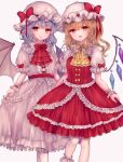  2girls :d ascot bangs bat_wings bebitera blonde_hair blue_hair bow closed_mouth commentary crystal dress fangs feet_out_of_frame flandre_scarlet frilled_dress frilled_skirt frilled_sleeves frills hat hat_bow highres lace-trimmed_ascot lace-trimmed_headwear lace-trimmed_sleeves lace_trim long_hair looking_at_viewer medium_hair mob_cap multiple_girls one_side_up open_mouth pantyhose pointy_ears puffy_short_sleeves puffy_sleeves red_ascot red_bow red_eyes red_skirt red_vest remilia_scarlet short_sleeves siblings simple_background sisters skirt skirt_hold smile touhou vest white_background white_dress white_headwear white_pantyhose wings wrist_cuffs yellow_ascot 