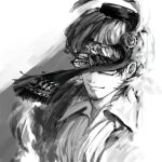  1boy bangs collared_shirt facial_hair fate_(series) fur-trimmed_jacket fur_trim gem glasses glint greyscale hat_feather highres jacket looking_ahead male_focus mehmed_ii_(fate) monochrome one_eye_covered shirt short_hair simple_background smile solo stubble swept_bangs turban umu_(um) upper_body white_background 