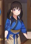  1girl apron auui bangs black_hair blue_kimono blush brown_apron commentary_request highres indoors inoue_takina japanese_clothes kimono long_hair looking_at_viewer low_twintails lycoris_recoil open_door parted_lips purple_eyes short_sleeves solo tasuki twintails waist_apron 
