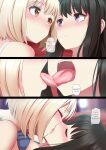  2girls black_hair blonde_hair blush closed_eyes closed_mouth english_text female_ejaculation french_kiss ginhaha highres inoue_takina kiss lycoris_recoil mixed-language_commentary multiple_girls nishikigi_chisato open_mouth parted_lips purple_eyes red_eyes saliva teeth tongue tongue_out upper_teeth yuri 