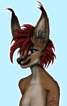  big_ears breasts bust_portrait caracal caracal_(genus) cleavage clothed clothing deerwalker domestic_cat fangs felid feline felis female green_eyes hair kittensnark mammal messy_hair portrait red_hair simple_background solo topless tufted_ears wildcat 