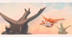  cloud commentary_request day floating highres latias letterboxed looking_at_object no_humans outdoors pokemon pokemon_(creature) sky statue torinoko_(miiko_draw) yellow_eyes 