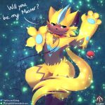  absurd_res anthro blush claws collar dialogue female genitals grass hi_res leash legendary_pok&eacute;mon lying nintendo particle_effects paws plant pok&eacute;ball pok&eacute;mon pok&eacute;mon_(species) pussy reaching_towards_viewer senz smile solo text video_games zeraora 