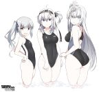  3girls anchor_symbol ass bare_arms bare_legs bare_shoulders black_headband black_swimsuit blue_eyes breasts brown_eyes closed_mouth clothes_writing competition_swimsuit cowboy_shot fuyutsuki_(kancolle) grey_eyes grey_hair groin hachimaki hair_between_eyes headband kantai_collection kasumi_(kancolle) long_hair medium_breasts multiple_girls one-piece_swimsuit one_side_up open_mouth shigino_sohuzi side_ponytail simple_background smile suzutsuki_(kancolle) swimsuit white_background white_hair white_headband 
