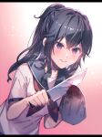  1girl :&gt; aicedrop ayano_aishi bangs black_eyes black_hair blush cleaning_weapon holding holding_knife knife long_hair musical_note neckerchief ponytail school_uniform serafuku short_sleeves smile solo yandere_simulator 