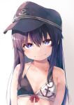  1girl akatsuki_(kancolle) black_hair black_headwear flat_cap flat_chest gradient gradient_background hat highres kantai_collection long_hair looking_at_viewer purple_eyes solo taisho_(gumiyuki) two-tone_bikini upper_body 