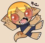  anthro bamfear blonde_hair blush bottomwear brown_body chibi clothed clothing doneru fangs female gesture hair japanese_text looking_at_viewer sharp_teeth shirt shorts simple_background smile solo tany_(doneru) teeth text topwear waving waving_at_viewer 