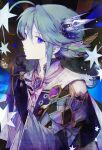  1boy absurdres bishounen blue_hair crown facing_to_the_side gem gloves highres hihara_you jewelry long_sleeves looking_at_viewer male_focus necklace original parted_lips purple_eyes solo star_(symbol) wing_ears wings 