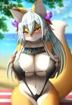  absurd_res anthro big_breasts blush breasts canid canine clothed clothing countershading faroula_twitt female fox fur hair hi_res looking_at_viewer mammal outside seaside solo swimwear water 