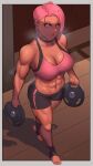  1girl abs absurdres breasts cleavage ear_piercing exercise eyelashes floor fluffydus from_above highres indoors large_breasts muscular muscular_female original parted_lips piercing pink_eyes pink_hair signature sports_bra sportswear steam steaming_body stomach sweat weightlifting weights wooden_floor workout_clothes 