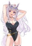  1girl :d animal_ears armpits arms_behind_head arms_up ass_visible_through_thighs bangs bare_arms bare_shoulders black_swimsuit blush breasts cleavage collarbone commentary_request eyewear_on_head gold_ship_(run_revolt_launcher)_(umamusume) gold_ship_(umamusume) grey_hair highres horse_ears horse_girl horse_tail large_breasts long_hair looking_at_viewer nanana_narang purple_eyes simple_background smile solo sunglasses swimsuit tail umamusume v-shaped_eyebrows very_long_hair white_background yellow-framed_eyewear 