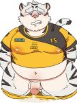  2022 anthro balls belly big_belly blush bodily_fluids bottomwear clothed clothing cum ejaculation felid genital_fluids genitals hi_res jamiephut kemono lactating male male_lactation mammal overweight overweight_male pantherine partially_clothed penis shirt shorts shorts_down solo tiger topwear 