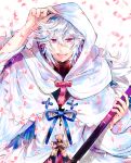  1boy bangs bishounen commentary_request falling_petals fate/grand_order fate_(series) flower flower_knot hair_between_eyes hair_ornament high_collar holding holding_staff hood hood_up hooded_robe long_hair long_sleeves looking_at_viewer male_focus merlin_(fate) open_mouth petals pink_flower purple_eyes ribbon robe simple_background smile solo staff tagada teeth upper_body upper_teeth very_long_hair white_background white_hair white_robe 