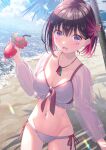  1girl azki_(hololive) beach bikini black_hair blush cocktail collarbone colored_inner_hair drink dutch_angle facial_mark glass hair_ribbon highres hololive jewelry koh_rd midriff multicolored_hair navel necklace pink_hair purple_eyes ribbon sand see-through see-through_sleeves short_hair solo swimsuit virtual_youtuber water 