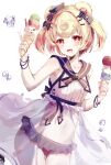  1girl :d animal_ears arknights bare_shoulders bear_ears bear_girl blonde_hair blue_bow blue_headwear bow bracelet bubble collarbone cowboy_shot cy_fros gummy_(arknights) gummy_(summer_flowers)_(arknights) hair_bow hair_ornament hairclip hands_up hat highres holding_ice_cream ice_cream_cone jewelry mini_hat official_alternate_costume open_mouth short_hair short_twintails simple_background smile solo striped striped_bow swimsuit twintails white_background white_swimsuit yellow_eyes 