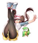  1girl :d aqua_eyes bangs breasts brown_hair commentary_request double_bun eyelashes full_body hair_between_eyes hair_bun kaidou_j1 legwear_under_shorts long_hair open_mouth outstretched_arm pantyhose pokemon pokemon_(creature) pokemon_(game) pokemon_bw2 raglan_sleeves rosa_(pokemon) shirt shoes short_shorts shorts simple_background smile sneakers snivy twintails twitter_username visor_cap white_background yellow_shorts 