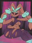  anthro black_sclera breasts brown_body brown_fur clothed clothing female fingers fur half-closed_eyes hi_res looking_at_viewer mega_evolution mega_lopunny narrowed_eyes nintendo pink_eyes pok&eacute;mon pok&eacute;mon_(species) solo thick_thighs video_games wide_hips wolftang 