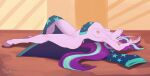  anthro areola breasts butt clothing cute_eyes digital_drawing_(artwork) digital_media_(artwork) equid equine female friendship_is_magic hasbro horn lying makeup mammal my_little_pony nipples nude on_back pinup pose reward robe solo starlight_glimmer_(mlp) sunny_way text unicorn unicorn_horn url 