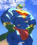  abs absurd_res anthro biceps blue_sky bulge clothing cxcxxcxxxx damaged_clothing dc_comics dialogue green_body hi_res lizard looking_down looming male muscular muscular_anthro muscular_male pecs reptile scalie sky solo suit suit_symbol superhero superhero_costume superman_(series) teeth yellow_eyes 