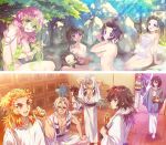  5girls 6+boys aqua_hair bangs barefoot black_hair blonde_hair blush bottle breasts carnelian closed_eyes collarbone full_body gradient_hair green_eyes green_hair heterochromia himejima_gyoumei holding holding_bottle iguro_obanai indoors japanese_clothes kamado_nezuko kanroji_mitsuri kanzaki_aoi_(kimetsu_no_yaiba) kimetsu_no_yaiba kimono kochou_shinobu large_breasts looking_at_viewer medium_breasts mole mole_under_eye multicolored_hair multiple_boys multiple_girls nude one_eye_closed onsen open_clothes open_kimono open_mouth outdoors pectorals pink_hair purple_hair red_hair rengoku_kyoujurou rock scar scar_on_face shinazugawa_sanemi short_hair side_ponytail sideboob sidelocks sitting small_breasts smile snake striped striped_kimono teeth tokitou_muichirou tomioka_giyuu towel tree tsuyuri_kanao upper_body uzui_tengen water white_hair yukata 