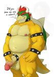  2022 absurd_res accessory anthro artbyyellowdog balls biped bowser bracelet claws cock_ring collar digital_media_(artwork) english_text erection finger_claws genitals green_body grin hair hi_res horn humanoid_genitalia humanoid_penis jewelry koopa looking_at_viewer male mario_bros nintendo penis penis_accessory penis_jewelry red_eyes red_hair scalie sharp_teeth simple_background smile solo spiked_bracelet spiked_cock_ring spiked_collar spikes tan_body teeth text video_games white_background yellow_body 