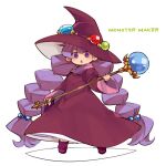  1girl braid deformed dress earrings full_body hat highres holding holding_wand jewelry long_hair looking_at_viewer monster_maker mota open_mouth purple_eyes purple_hair rufia_(monster_maker) simple_background solo staff twin_braids wand white_background witch_hat 