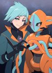  1boy arm_around_neck black_gloves blue_hair blush chest_jewel deoxys deoxys_(normal) gloves heart heart_hands heart_hands_duo highres letusgomaki light_blush looking_at_viewer official_alternate_costume pokemon pokemon_(creature) pokemon_(game) pokemon_masters_ex smile spiked_hair steven_stone sweatdrop tentacles upper_body 