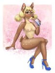  absurd_res anthro beverage blonde_hair breasts brown_body brown_fur bubble_tea butt cervid clothed clothing digital_media_(artwork) drinking female footwear fully_clothed fur hair hi_res high_heels indieembers inner_ear_fluff looking_at_viewer lydia_diertz_(indieembers) mammal nipples nude pigtails scut_tail short_tail simple_background sitting solo tan_body tan_fur tuft 