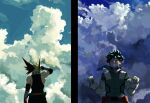  2boys bakugou_katsuki bare_shoulders belt black_mask blonde_hair blue_sky boku_no_hero_academia clenched_hands closed_eyes cloud commentary_request day facing_viewer from_behind gloves green_hair grin highres male_focus midoriya_izuku multiple_boys osakana_hj outdoors red_belt short_hair sky smile spiked_hair split_screen standing toned toned_male white_gloves 