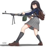  1girl absurdres artist_name backpack bag bangs black_hair black_socks blue_dress brown_footwear dress full_body grey_dress gun highres holding holding_gun holding_weapon inoue_takina kneehighs loafers long_hair lycoris_recoil lycoris_uniform machine_gun pkm pleated_dress purple_eyes school_uniform shadow shining_shoot_(pose) shoes simple_background socks solo two-tone_dress waruzamurai watermark weapon white_background 