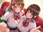  2girls absurdres bangs blinds bow breast_press breasts brown_hair cleavage closed_mouth collared_shirt couch hair_between_eyes hair_bow highres indoors large_breasts licking long_hair multiple_girls no_bra non-web_source open_clothes open_mouth open_shirt original red_eyes rouka_(akatyann) school_uniform see-through shirt sidelocks sitting smile teeth upper_teeth wet wet_clothes white_shirt window 