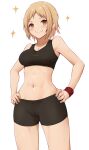  1girl act_(xadachit) alternate_costume bike_shorts blonde_hair blush breasts brown_eyes commission girls&#039;_frontline hands_on_hips highres midriff mp40_(girls&#039;_frontline) navel non-web_source playing_sports serious short_hair simple_background smile solo sparkle sports_bra sweat sweatband toned 