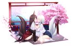  2girls absurdres akagi_(azur_lane) animal_ears azur_lane blue_skirt breast_press breasts brown_hair brown_tail brown_thighhighs cherry_blossoms cleavage_cutout clothing_cutout flower highres imminent_kiss kaga_(azur_lane) kasagi_uwu kitsune large_breasts large_tail leaning_forward long_hair miniskirt multiple_girls multiple_tails petals pink_flower pleated_skirt red_skirt shirt short_hair skirt socks symmetrical_docking tail thighhighs tongue tongue_out tree very_long_hair white_hair white_shirt white_socks white_tail yuri zettai_ryouiki 