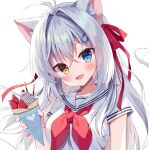  1girl :d aina_rive animal_ear_fluff animal_ears antenna_hair bangs blue_eyes blush breasts brown_eyes cat_ears cat_girl cat_tail commentary_request crepe food fruit hair_between_eyes hair_intakes hair_ribbon head_tilt heterochromia holding holding_food looking_at_viewer mauve medium_breasts neckerchief original red_neckerchief red_ribbon ribbon sailor_collar school_uniform serafuku shirt short_sleeves simple_background smile solo strawberry tail upper_body white_background white_sailor_collar white_shirt 