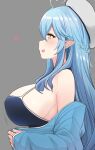  1girl ahoge bare_shoulders beret blue_hair blue_hoodie braid breasts camisole covered_nipples from_side h2o_(ddks2923) hair_between_eyes hat heart heart_ahoge highres hololive hood hoodie huge_breasts long_hair motion_lines open_mouth pointy_breasts pointy_ears profile sideboob sidelocks simple_background smile solo upper_body very_long_hair virtual_youtuber yellow_eyes yukihana_lamy 